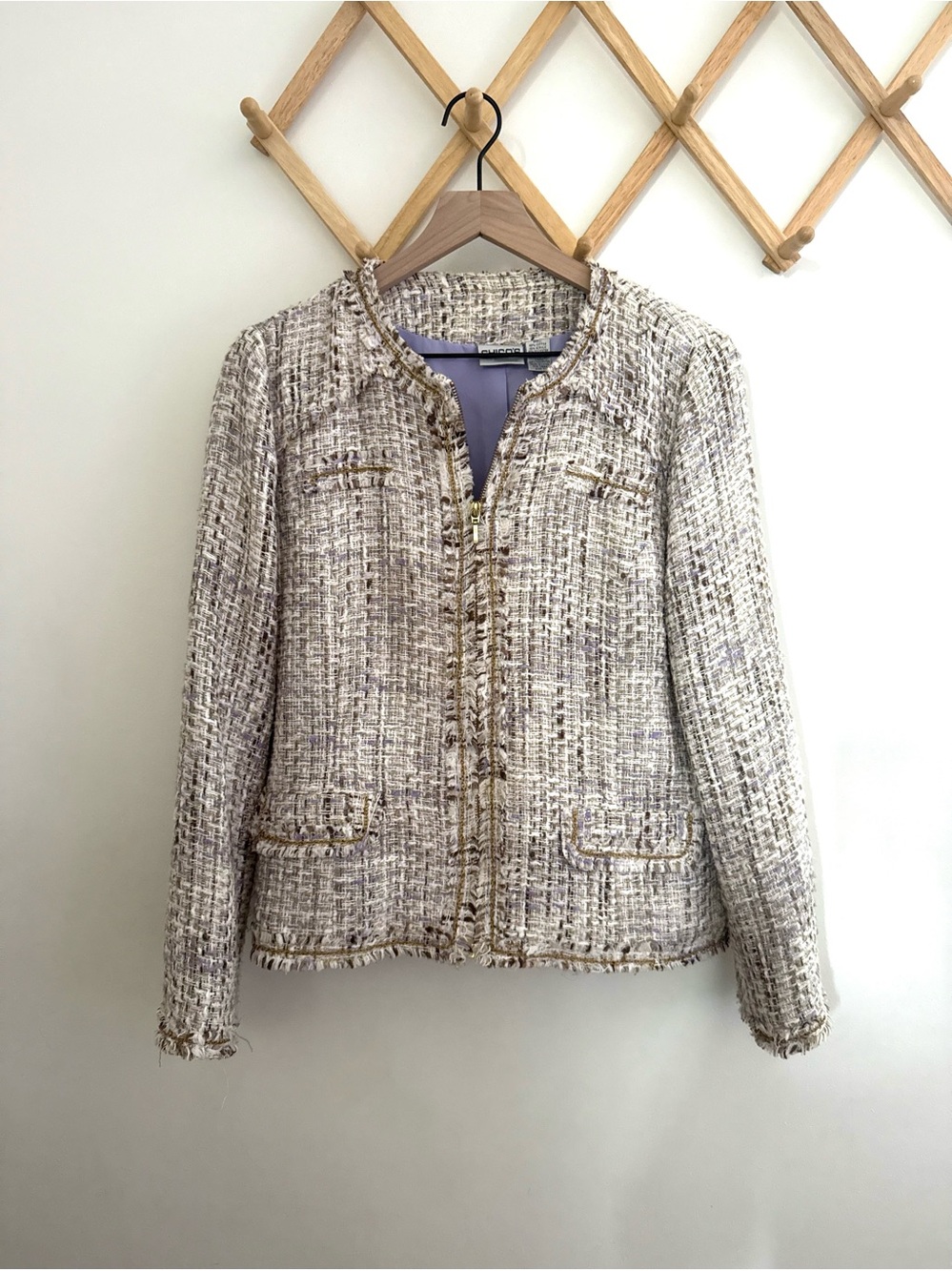 Chico's Cream Tweed Fringe-Trim Collarless Jacket